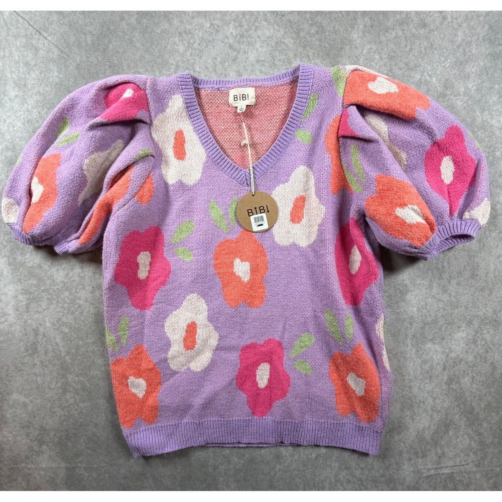 BiBi Womens Large Sweater Lavender Floral Knit V Neck Short Puff Sleeve NWT